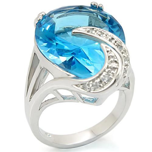 JCE343 Rhodium Brass Ring with Synthetic Synthetic Glass in Sea Blue