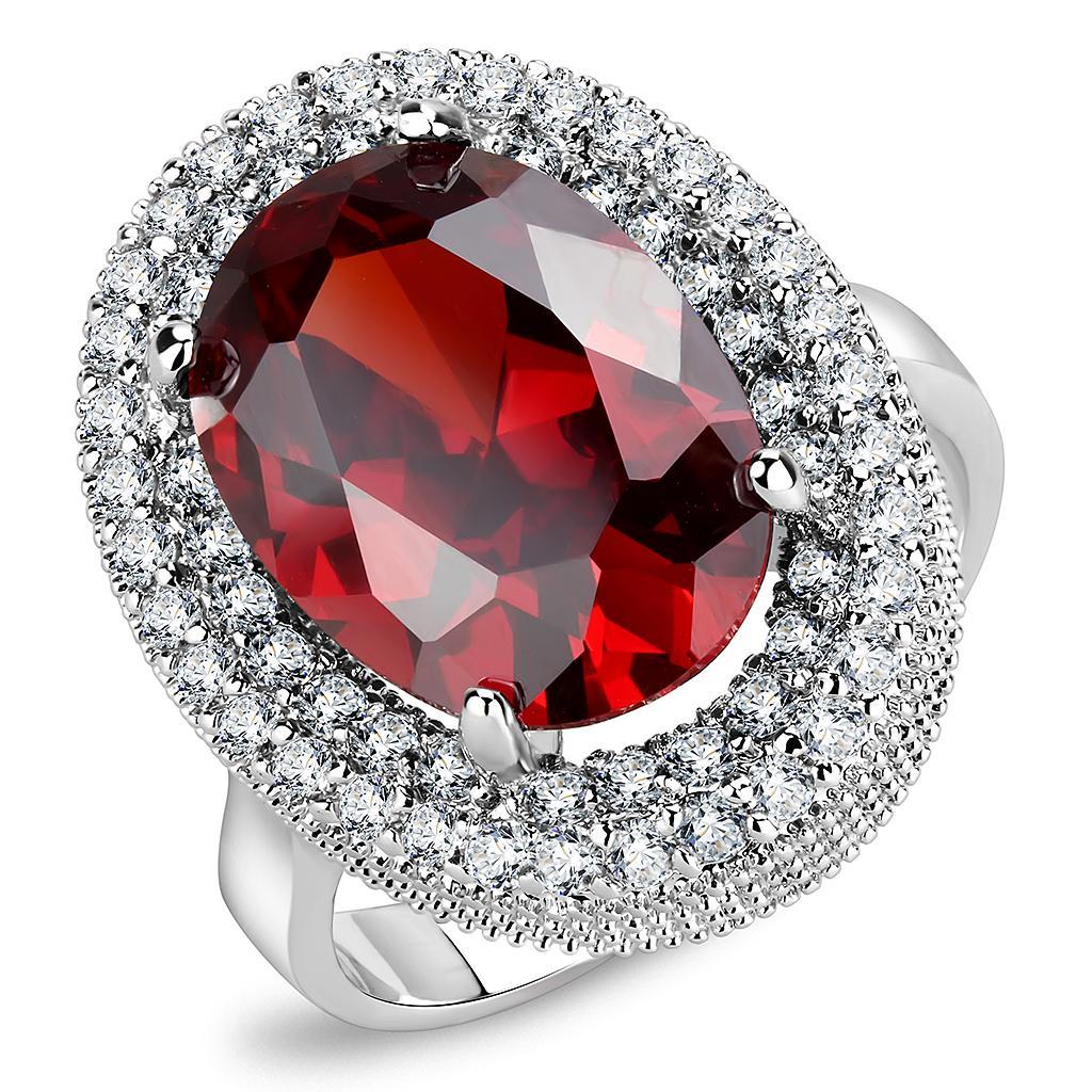 JCE1455 Rhodium Brass Ring with AAA Grade CZ  in Garnet