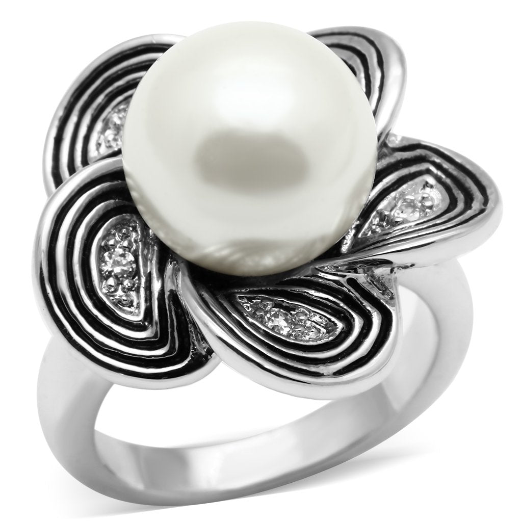 JCE240 Rhodium Brass Ring with Synthetic Pearl in White