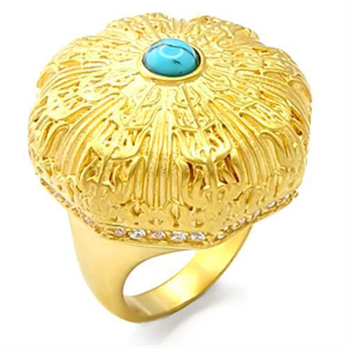 JCE913 Gold Brass Ring with Synthetic Turquoise in Sea Blue