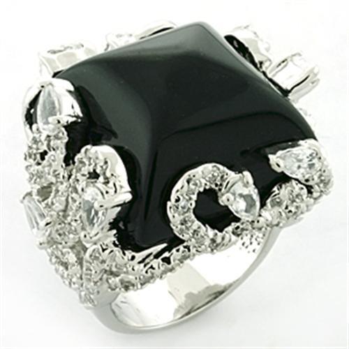 JCEA684 Rhodium Brass Ring with Synthetic Onyx in Jet