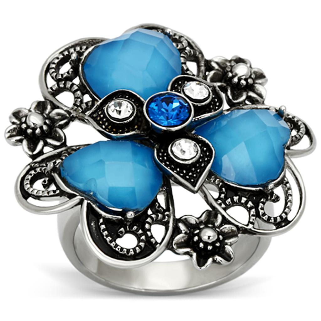 JCE1149 High polished (no plating) Stainless Steel Ring with Synthetic Synthetic Stone in Sea Blue
