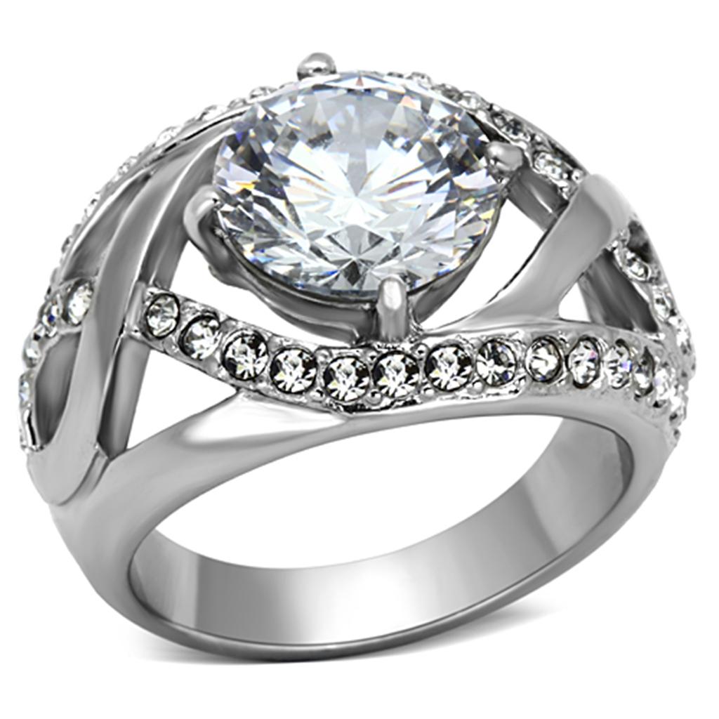 JCE1176 High polished (no plating) Stainless Steel Ring with AAA Grade CZ  in Clear
