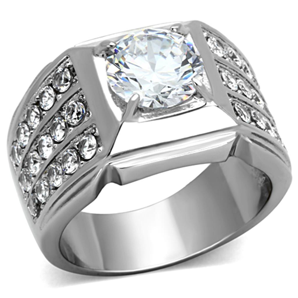 JCE1233 High polished (no plating) Stainless Steel Ring with AAA Grade CZ  in Clear