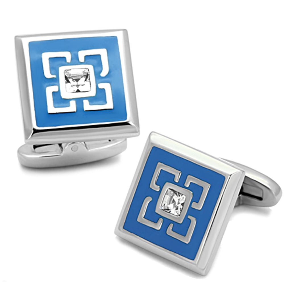 JCE1244 High polished (no plating) Stainless Steel Cufflink with Top Grade Crystal  in Clear