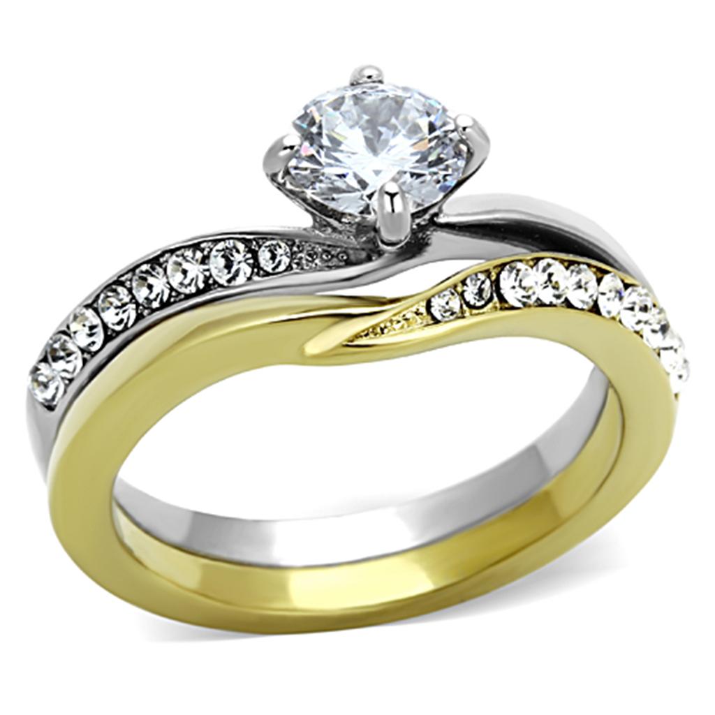 JCE1280 Two-Tone IP Gold (Ion Plating) Stainless Steel Ring with AAA Grade CZ  in Clear