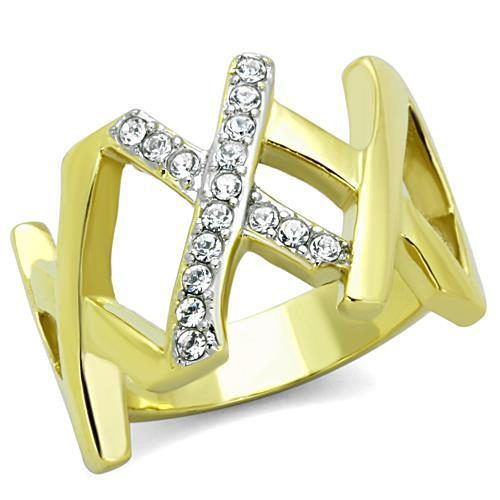 JCE1560 Two-Tone IP Gold (Ion Plating) Stainless Steel Ring with Top Grade Crystal  in Clear
