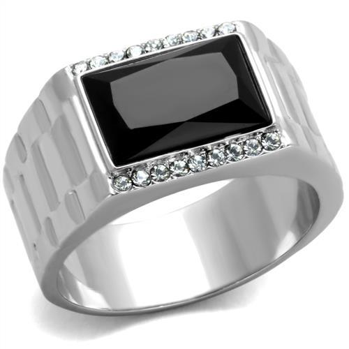 JCE1811 High polished (no plating) Stainless Steel Ring with Synthetic Onyx in Jet