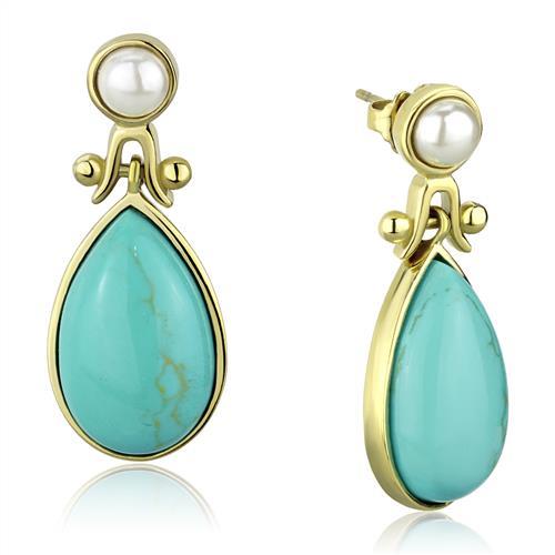 JCE2151 IP Gold(Ion Plating) Stainless Steel Earrings with Synthetic Turquoise in Turquoise