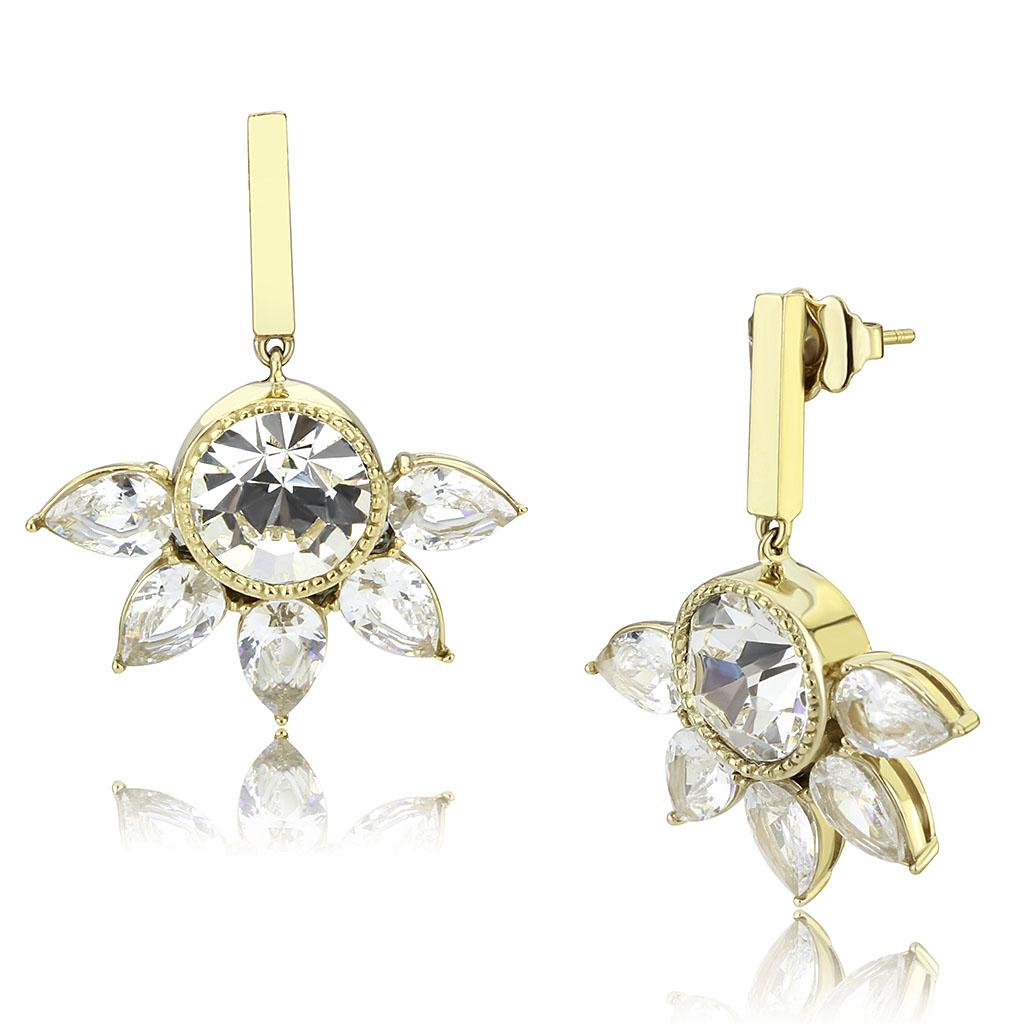 JCE3661 IP Gold(Ion Plating) Stainless Steel Earrings with Top Grade Crystal  in Clear