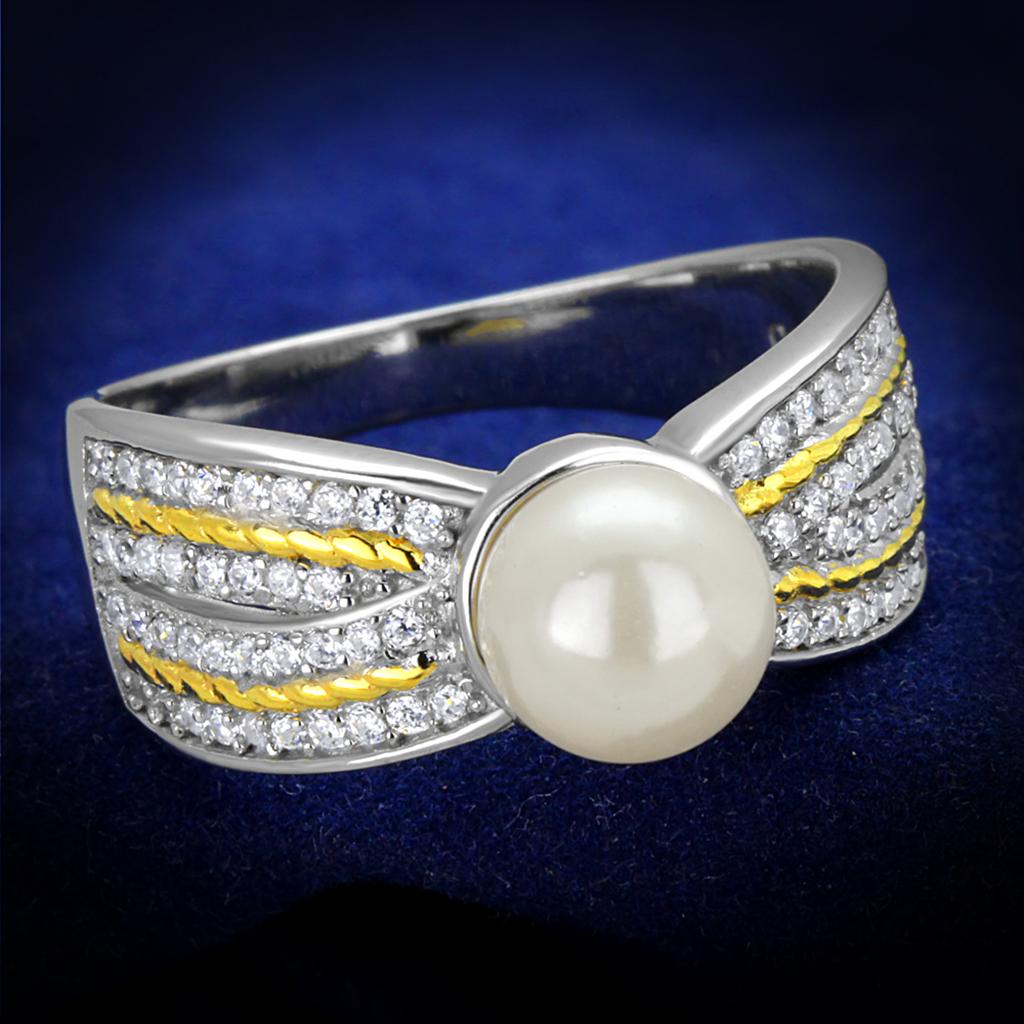 JCE377 Reverse Two-Tone 925 Sterling Silver Ring with Synthetic Pearl in White